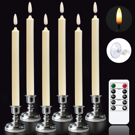 Wondise Window Candles Battery Operated with Remote and Timer, 3D Wick Ivory Taper Candles with Silver Holders and Suction Cups for Christmas Decoration, Set of 6(D0.8 x H10 inch)