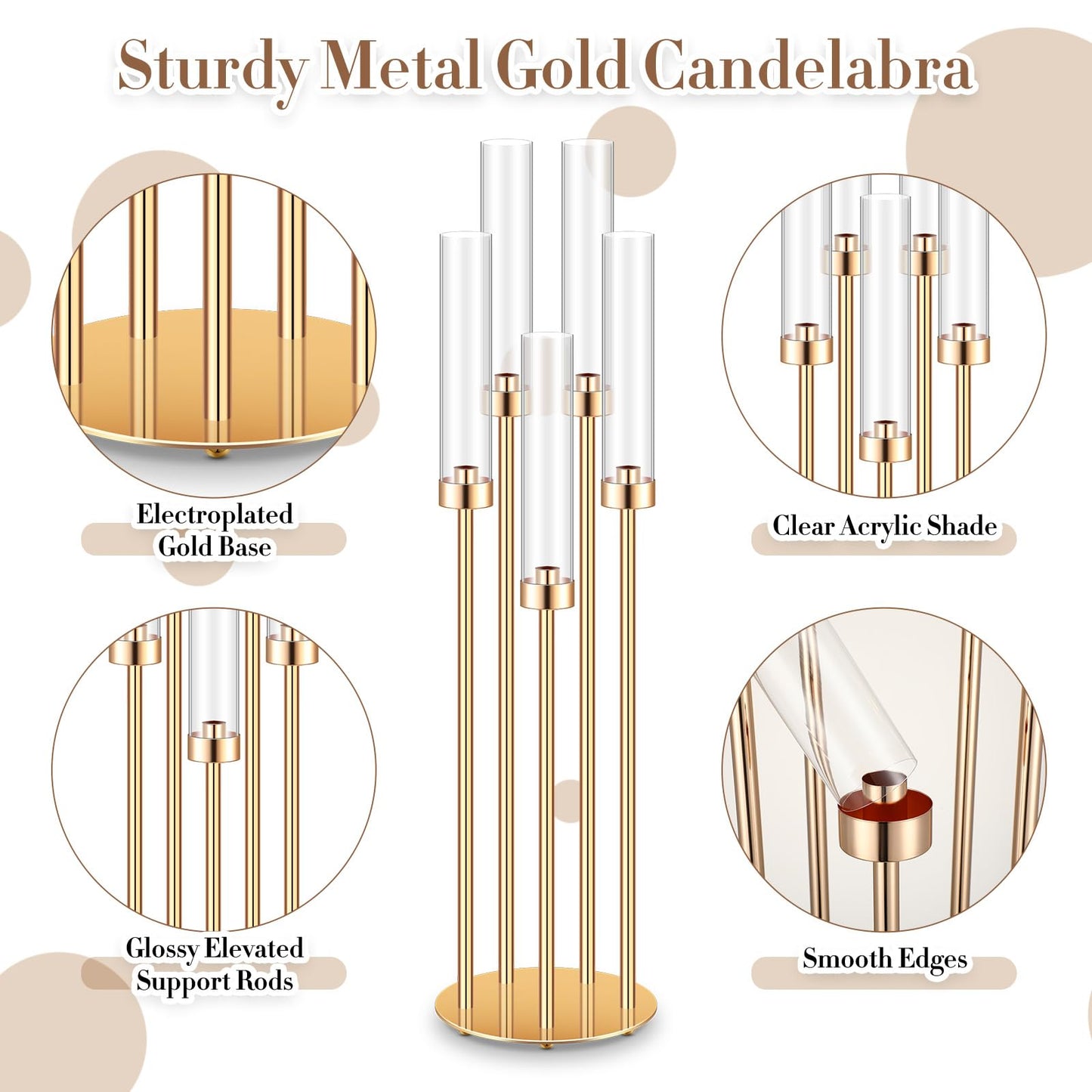Tandefio 4 Set 5 Arm Gold Candelabra Centerpieces for Table, 35'' Tall Wedding Metal Candlestick Floor Holder Acrylic Clear Lampshades with 20 LED Candles for Wedding Party Event Table Fireplace Decor