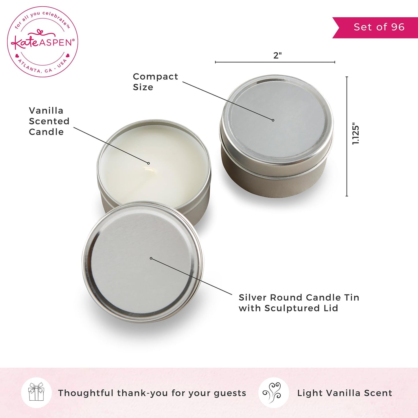 Kate Aspen Travel Size Vanilla Scented Candle Tins with Lids - Set of 96 Mini Candles Bulk - Wedding Favors for Guests, Bridal Shower Gifts, Party Favors Adults, Bridesmaids Gifts
