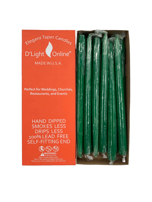D'light Online Elegant 10" Unscented Holiday Green Taper Candles Premium Quality Candles Hand-Dipped, Dripless Tapered Candles and Smokeless - Set of 12 Individually Wrapped (10 Inch, Holiday Green)