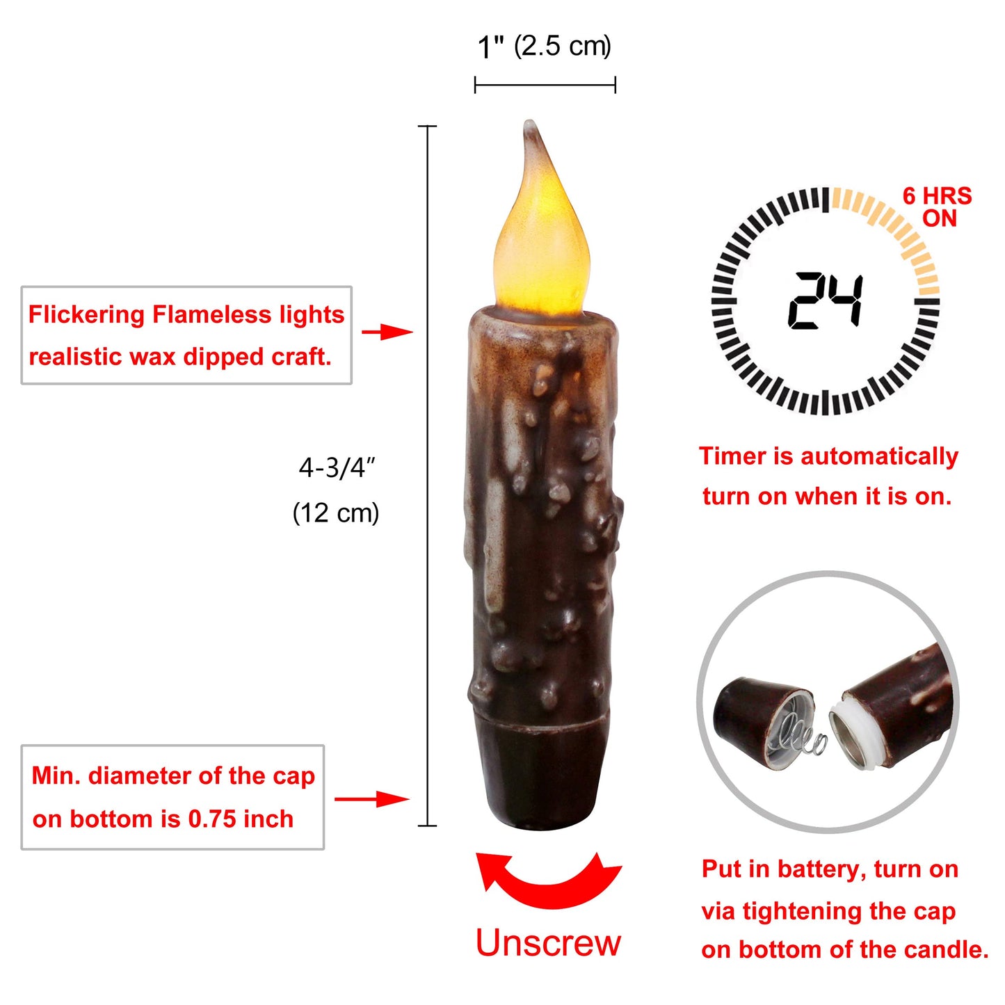 CVHOMEDECO. Real Wax Hand Dipped Battery Operated LED Timer Taper Candles Country Primitive Flameless Lights Décor, 4-3/4 Inch, Brown, 3 PCS in a Package