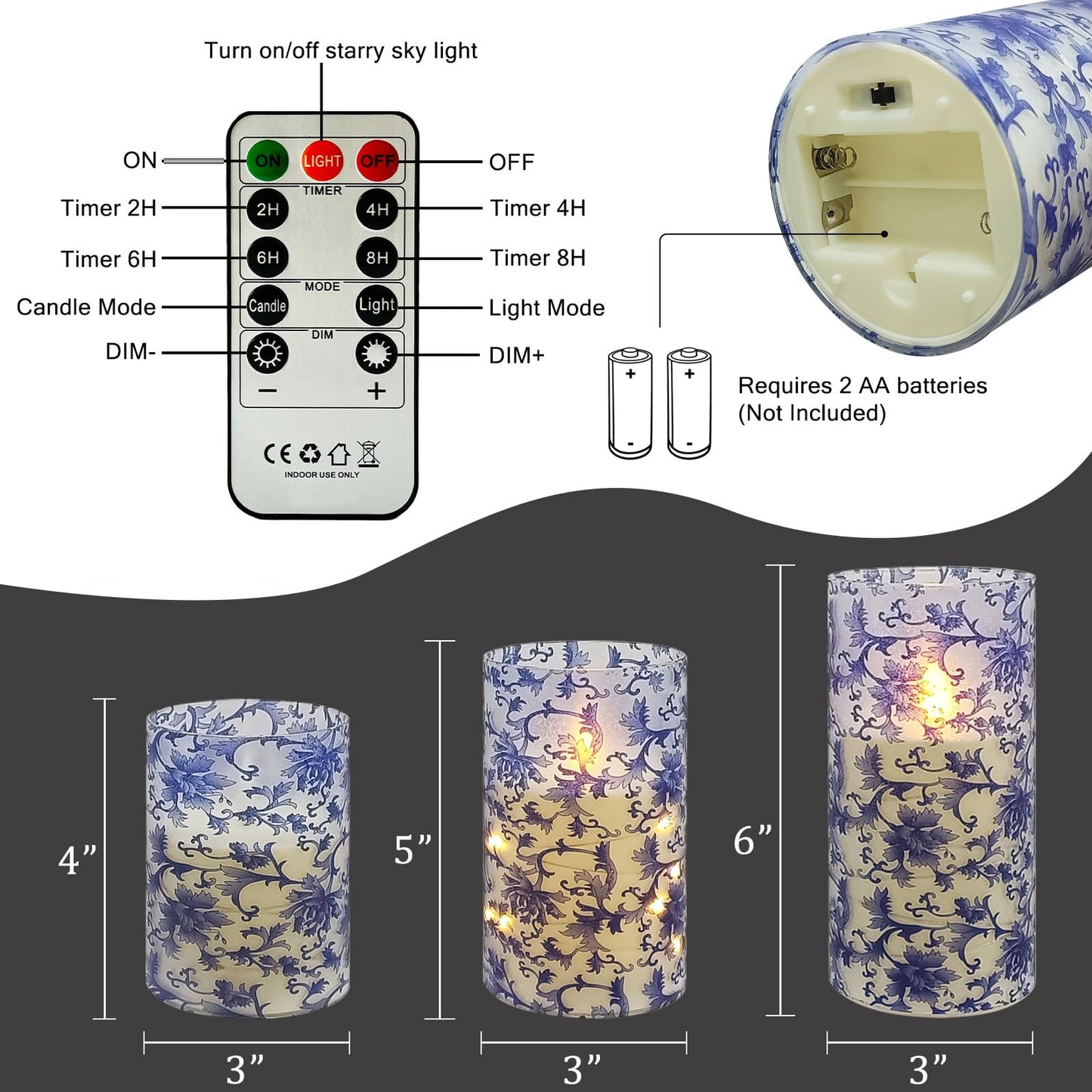 Flickering Flameless Candles Blue and White Porcelain Print, Embedded Star String Lights, Battery Operated Acrylic LED Pillar Candles with 11-Key Remote and Timer for Home Decoration, 3 Pack