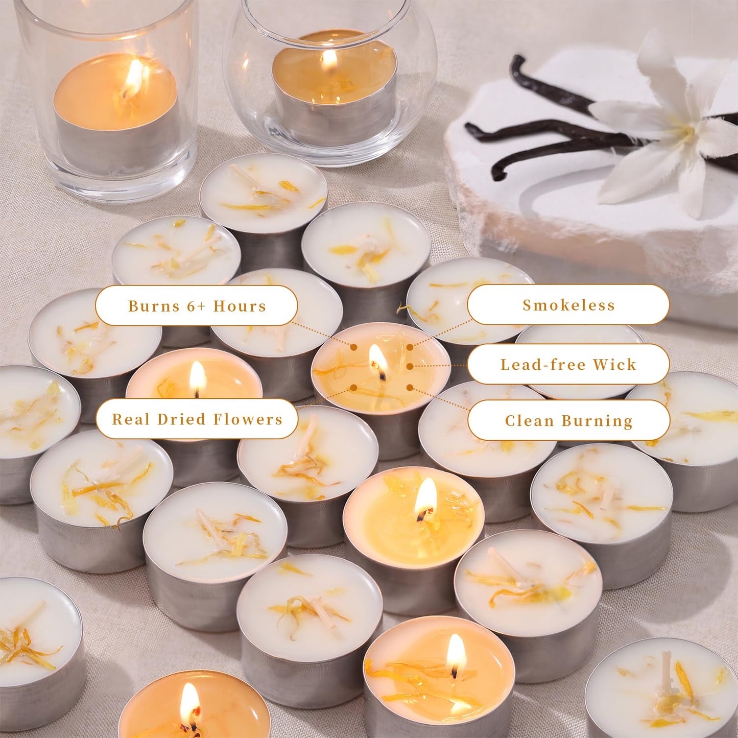 8 Pcs Vanilla Scented Tealight Candles, 6H Long Burning - 100% Palm Wax Based Scented Tea Lights with Dried Flowers, Non-Toxic/Smokeless Tea Lights Candles Bulk for Spa, Bath, Wedding