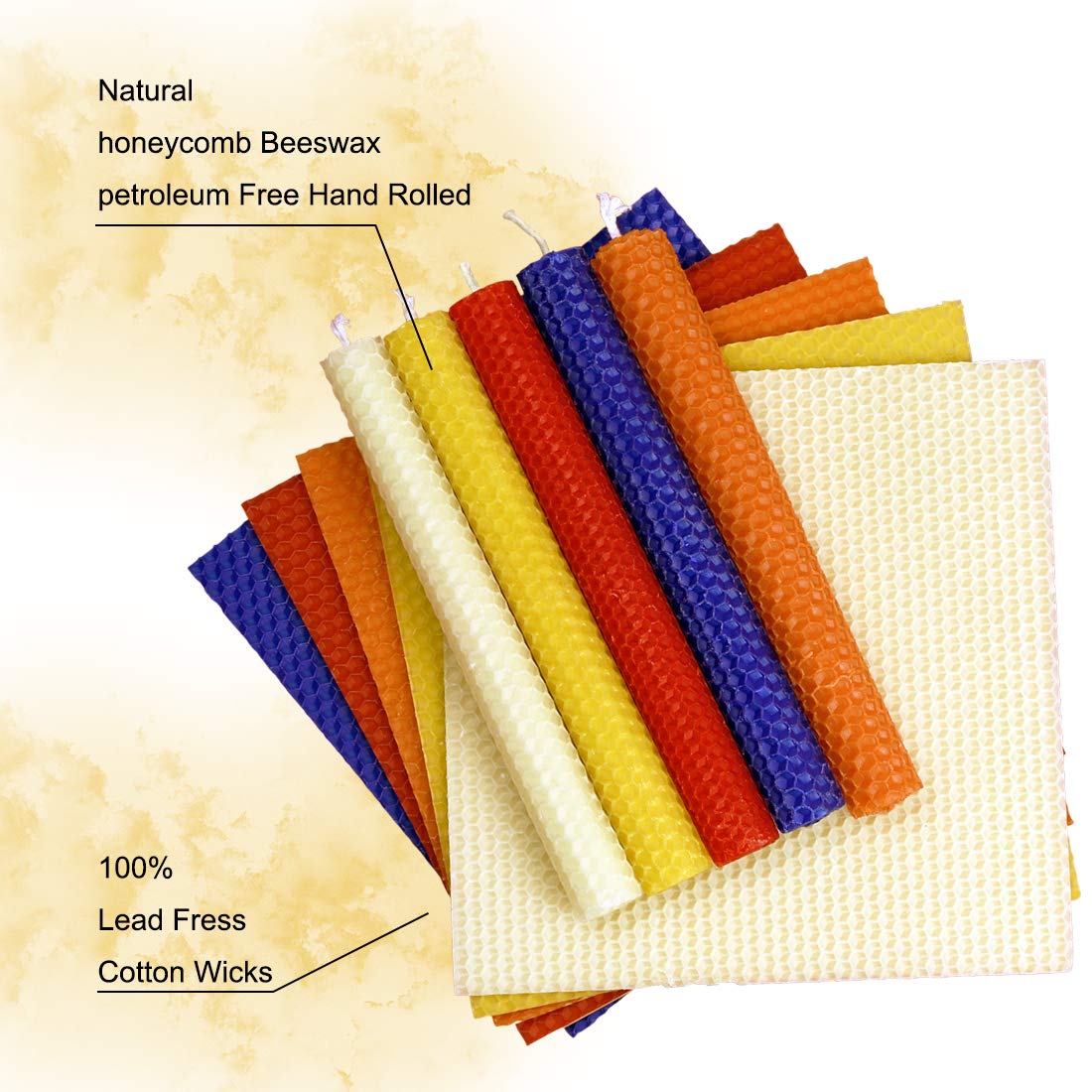 DEYBBY Natural Beeswax Taper Candles,8inch Dripless and Smokeless White Bee Wax,4Hour Burn Time Flat Top (Pack of 6)