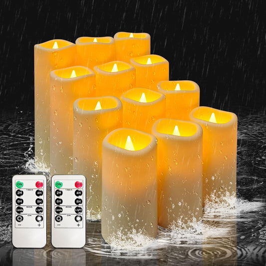 YIWER Waterproof Outdoor Flameless Candle, 12 Pcs Plastic Candles Pillars, 4" 5" 6" 7" LED Candles and 10-Key Remote Control with 2/4/6/8-hours Timer Function,300+ Hours (12, Ivory)
