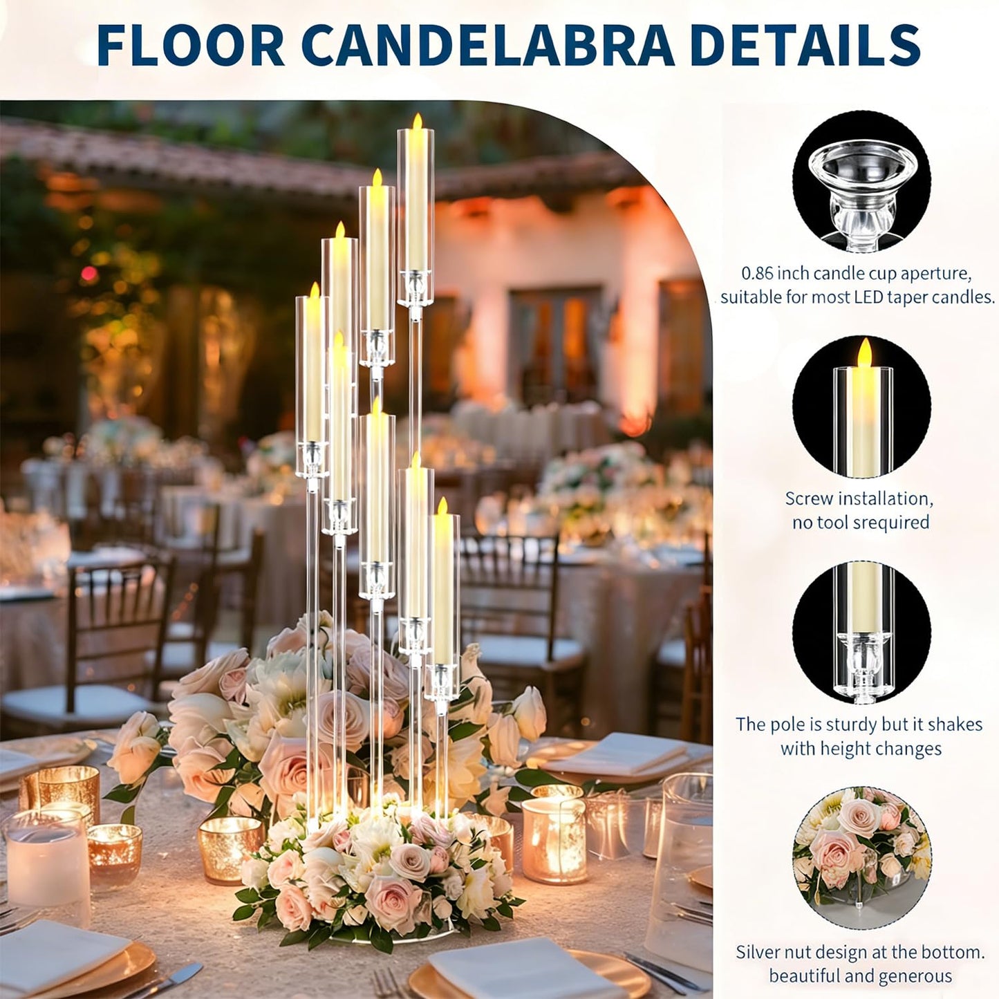 4PCS 8 Arms Clear Candelabra Candle Holder for Wedding, Candelabra Centerpieces for Tables Clear Candlesticks Holder for Housewarming Valentine's Day Easter Gift Birthday Party Fireplace Decor