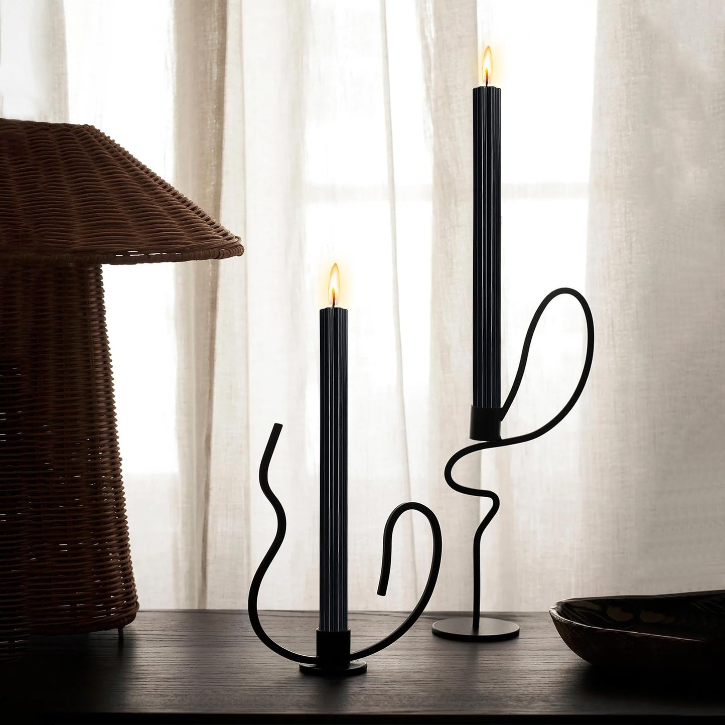 Dripless Taper Candles Unscented Black Candlesticks 10 Inch Smokeless Long Candle Handmade Ribbed Candles for Table Home Decoration Holiday 2 PCS