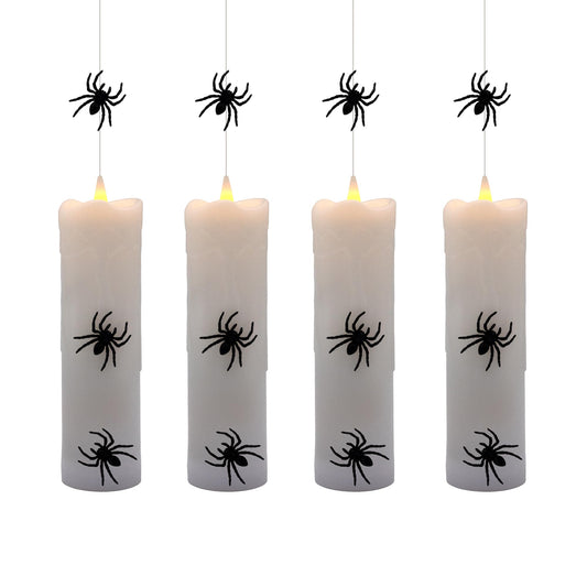 LumaBase Battery Operated Hanging Pillar Candles with Spiders - Set of 4