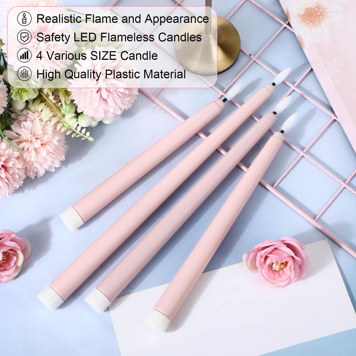 Rossesay 24 Pcs Flameless LED Taper Candles Battery Operated Candle 8.5", 9.65", 10.8", 12.8" Flameless Candlesticks Flickering for Christmas Church Wedding Indoor Decoration(Classic, Dusty Pink)