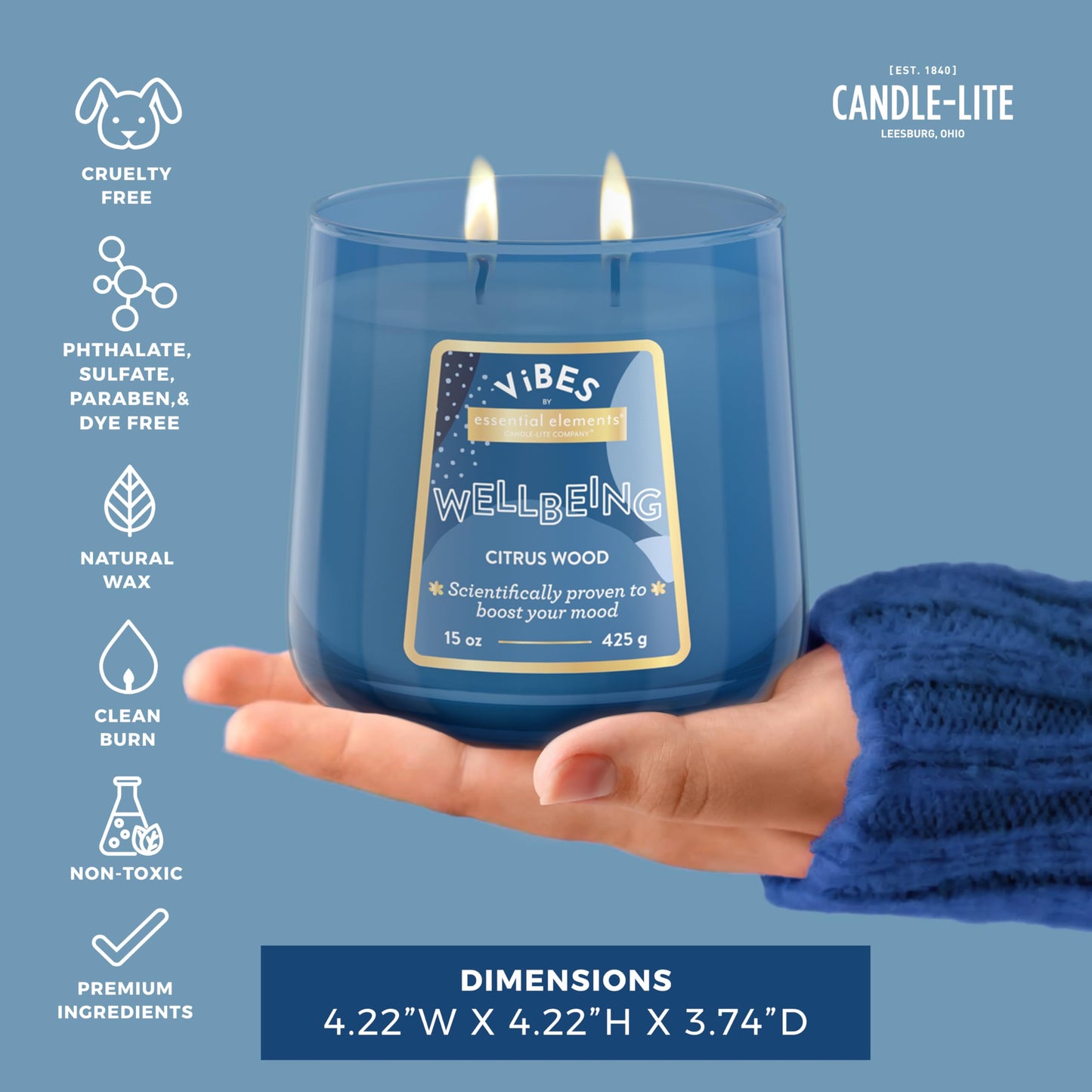 Candle-Lite Vibes Citrus Wood Mood-Enhancing Scented Candles, 15 oz Jar, Aromatherapy, Proudly Poured in The USA, 2-Wick, 86 Hours Burn Time, Perfect Relaxation Gift