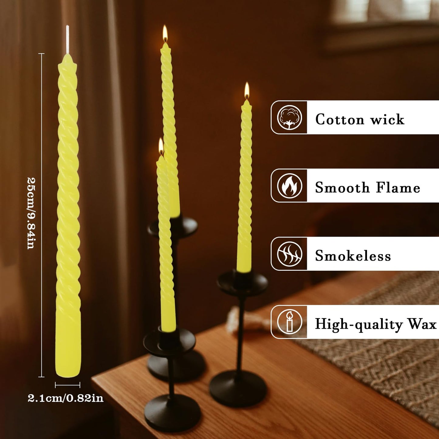 12 Pack 10 inch Yellow Spiral Taper Candles - Dripless, Smokeless, Unscented - 7 Hours Long Burning - Spiral Tall Candlesticks - Perfect for Home Decor, Weddings,Halloween, and Special Occasions.