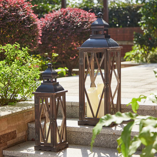 Glitzhome Farmhouse Lanterns Decorative Indoor, 2 Pack Wood/Metal Decorative Candle Lanterns, Vintage Lantern Decor Large Floor Lanterns for Home Decor, Brown (No Glass)