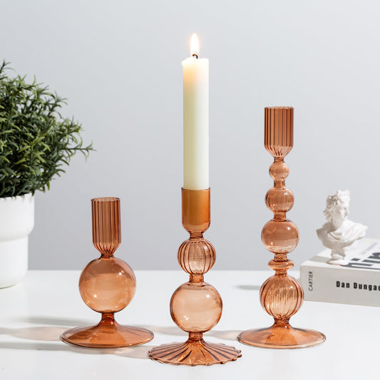 Glasseam Candle Sticks Holder Decor: Amber Glass Candle Holders Set of 3 Modern CandleHolders for Taper Candlesticks Unique Fall Candle Holders for Halloween Centerpiece Table Decor Thanksgiving