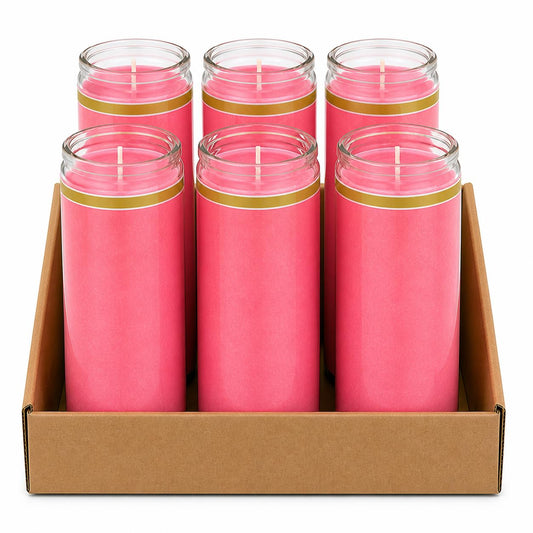 Pink Glass Pillar Candles in Clear Jar, Set of 6, Unscented, Devotional Prayer Candles