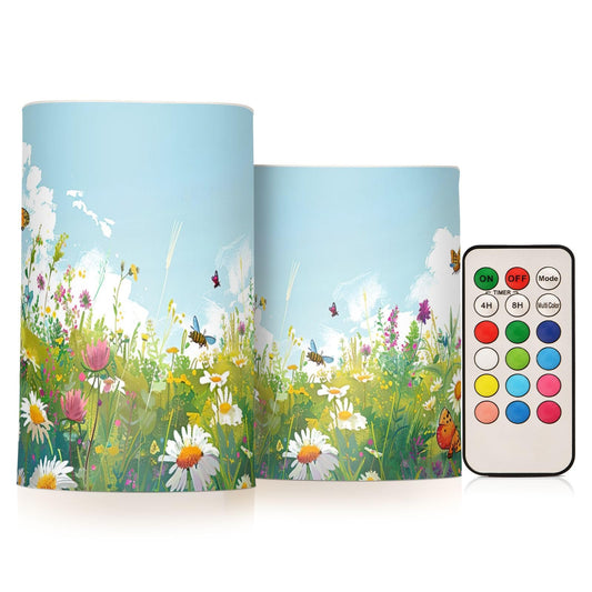 BOESI Doodle Flower and Butterfly Pattern Flameless Candles Color Changing LED Candles with Remote Control Battery Candles for Outdoor and Indoor Home and Room Decoration, 3'' x 4''/5'' Set of 2 Piece