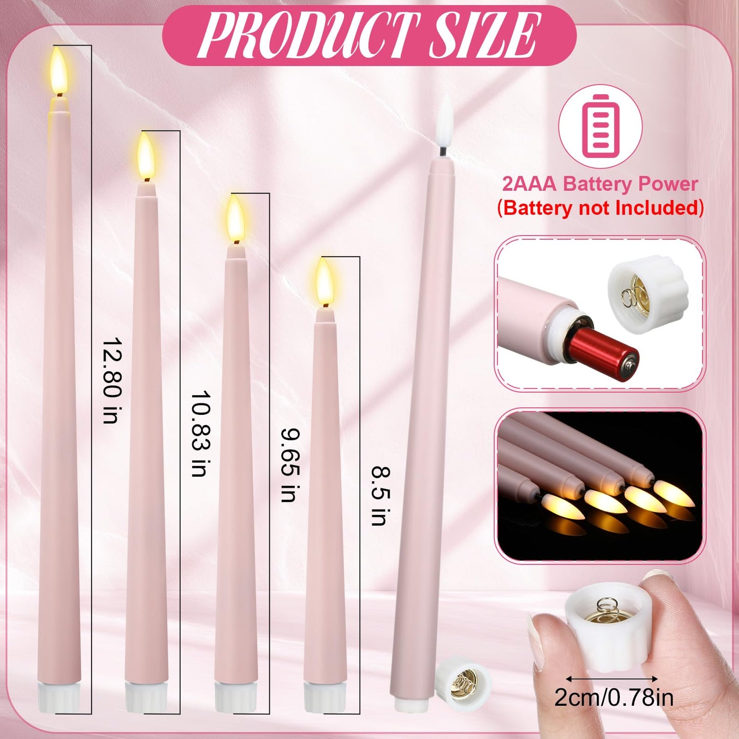 Rossesay 48 Pcs Flameless LED Taper Candles Battery Operated Candles 4 Sizes of 8.5'', 9.65'', 10.83'', 12.8'' Flameless Candlesticks Flickering for Halloween Christmas Church Wedding(Dusty Pink)