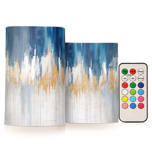 BOESI Abstract Oil Painting in Blue Flameless Candles Color Changing LED Candles with Remote Control Battery Candles for Outdoor and Indoor Home and Room Decoration, 3'' x 4''/5'' Set of 2 Pieces