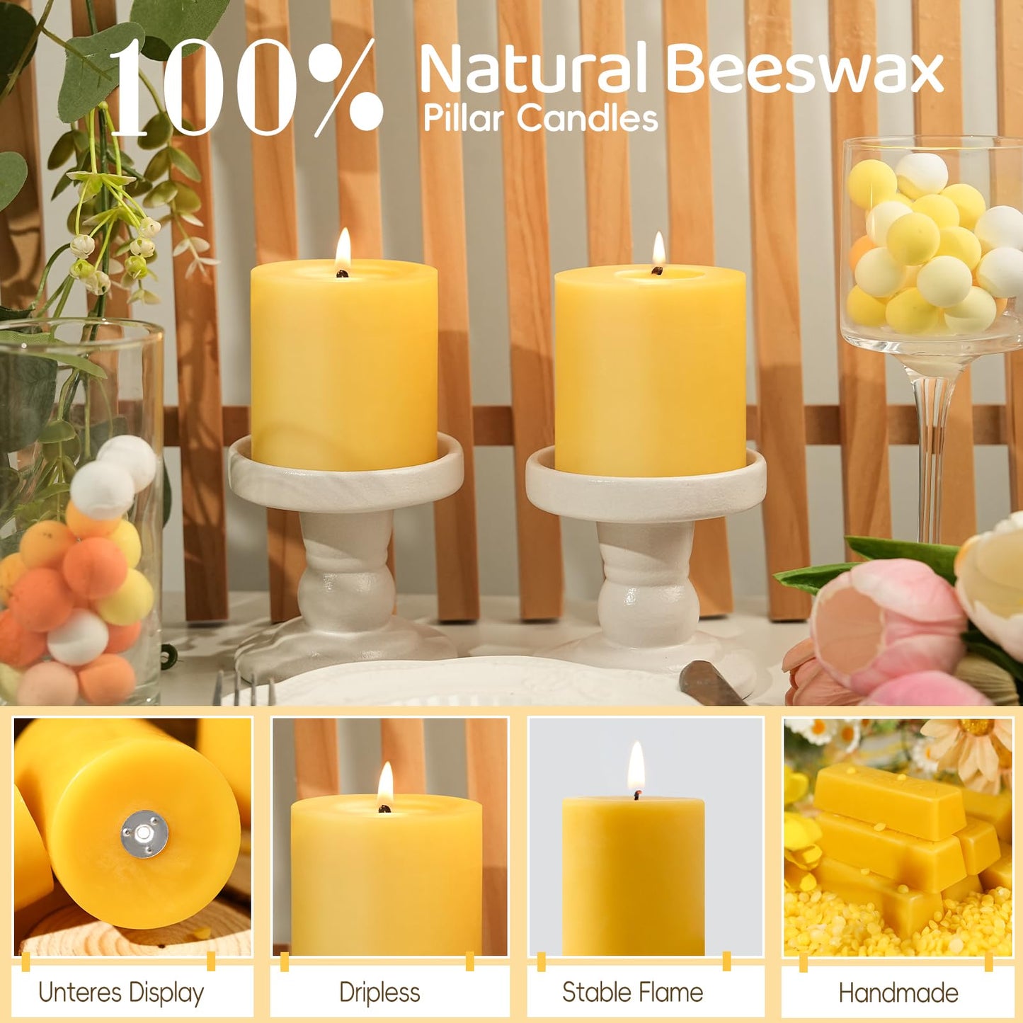 2 Pack Natural Beeswax Candles,88 Hours Long Burning-Bees Wax Candles for Home,100% Pure Beeswax Pillar Candle for Emergency,Paryer,Parties,Unscented Dripless Smokeless Pillar Candle Bulk 2.8x3in