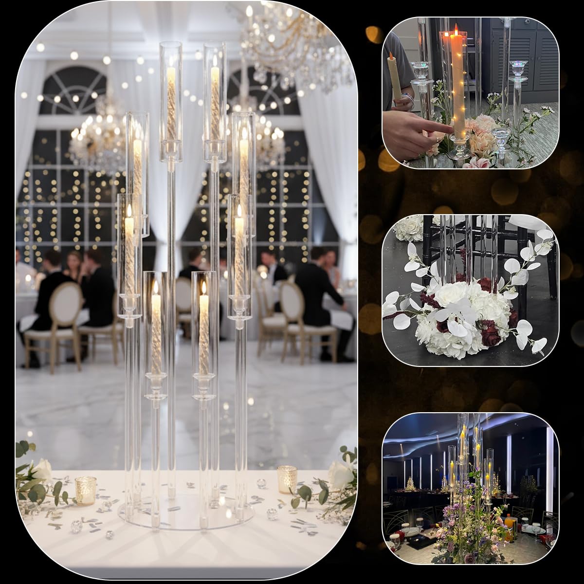2PCS Acrylic Candelabra Centerpieces,Tall Clear Floor Candelabra for Wedding 8 Arm Candle Holder with Acrylic Shade Circular Base for Party Table Decoration Fit 0.87 LED Candle