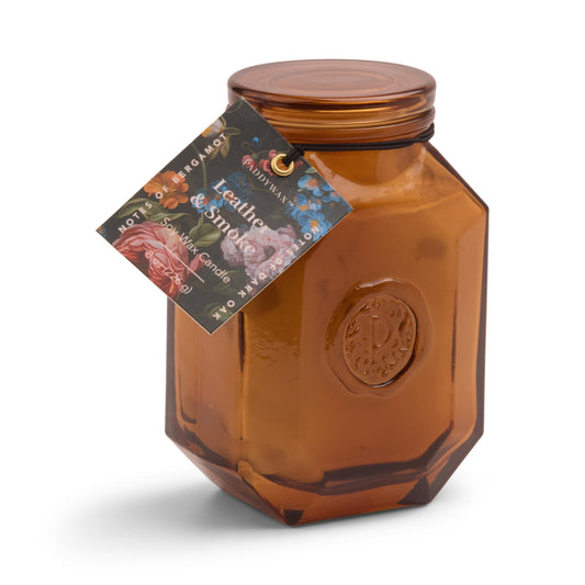 Paddywax Botanica Scented Candle with Lid in Reusable Embossed Glass Jar, Clean-Burn Soy Candle with Approx. 56 Hour Burn Time, Leather & Smoke, 8 oz