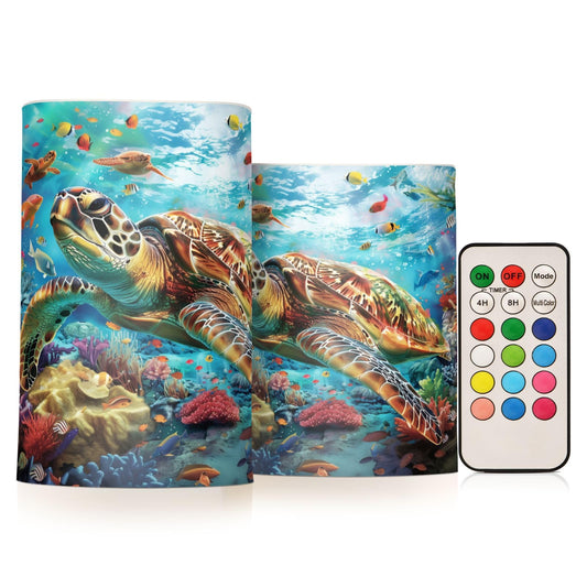 LFICRTAN Sea Turtle Coral Fish Flameless Candles Battery Operated Color Changing LED Candles with Remote Control Timer Outdoor Indoor 2 Pack