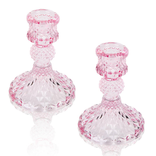 Glass Candle Holder, 2PCS Decorative Candle Sticks Pillar Candle Stand for Formal Events Wedding Party Table Centerpieces Home Decoration, Pink