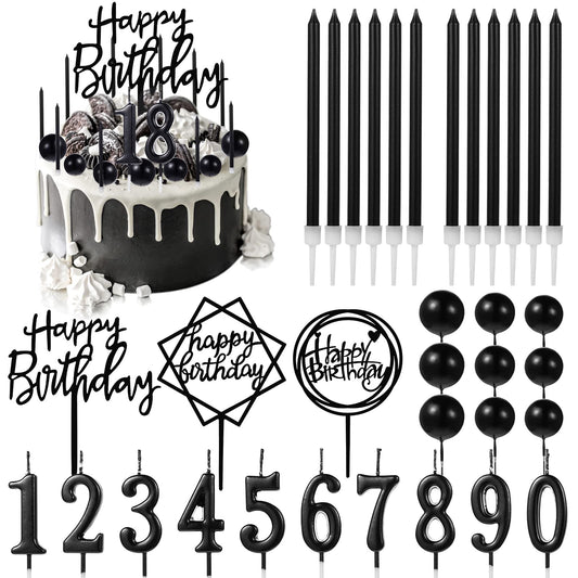 Yerliker 34 Pcs Happy Birthday Cake Toppers Decorations Birthday Candles DIY Cake Decor for Men Women Wedding Anniversary(Black)