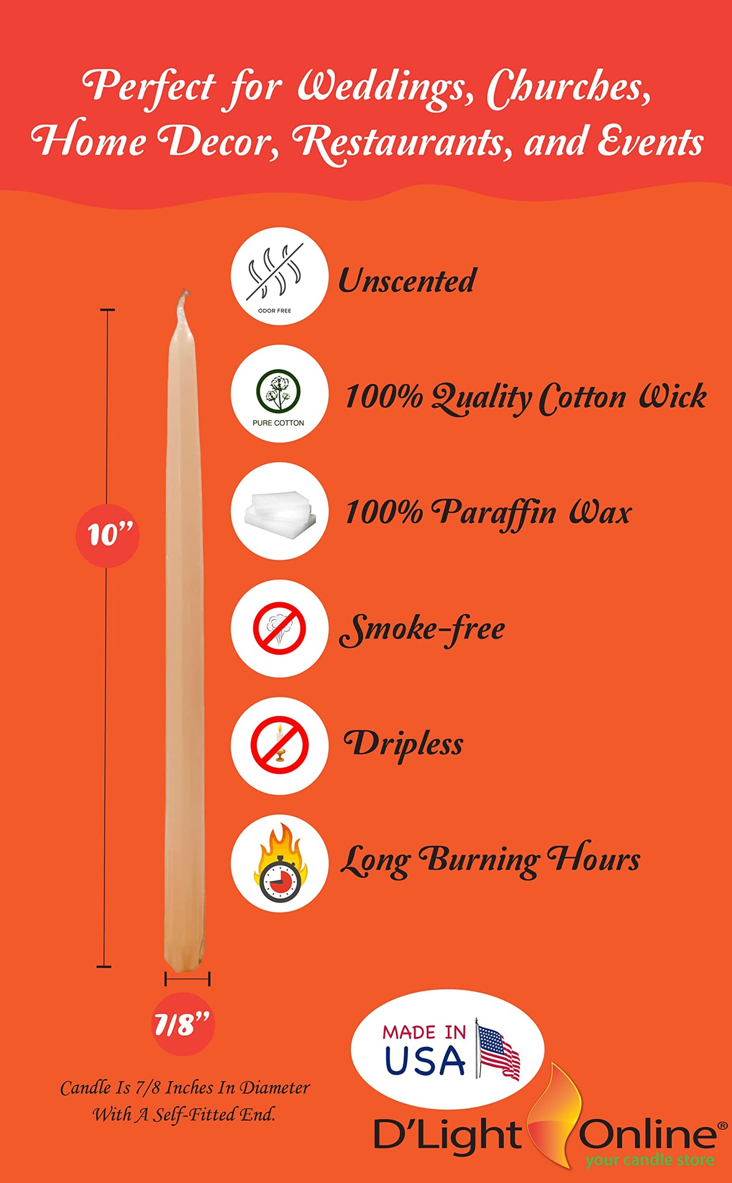 D'light Online Elegant 10" Unscented Spice Gold - Brown Taper Candles, Premium Quality Hand-Dipped Tapered Candles, Dripless and Smokeless - Set of 12 Individually Wrapped (10 Inch, Spice Gold)