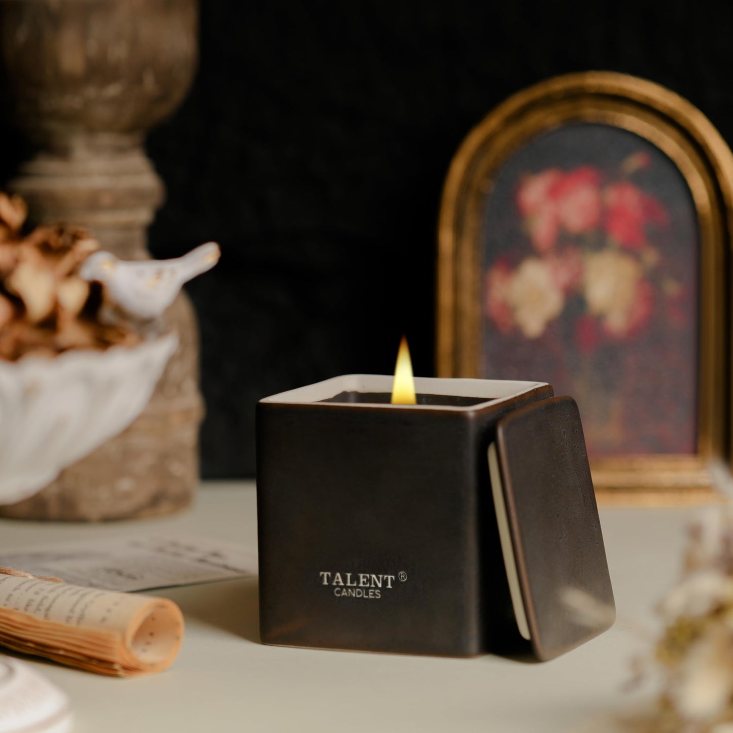 Talent Candles Scented Candles Ceramics Square Cup Long Burn Time Natural Soy Wax Candles Perfect Women & Men Birthday Gifts (Dark Leather & Oud)