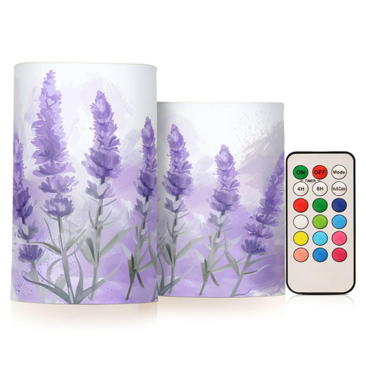 BOESI Watercolor Lavender Pattern Flameless Candles Color Changing LED Candles with Remote Control Battery Candles for Outdoor and Indoor Home and Room Decoration, 3'' x 4''/5'' Set of 2 Pieces