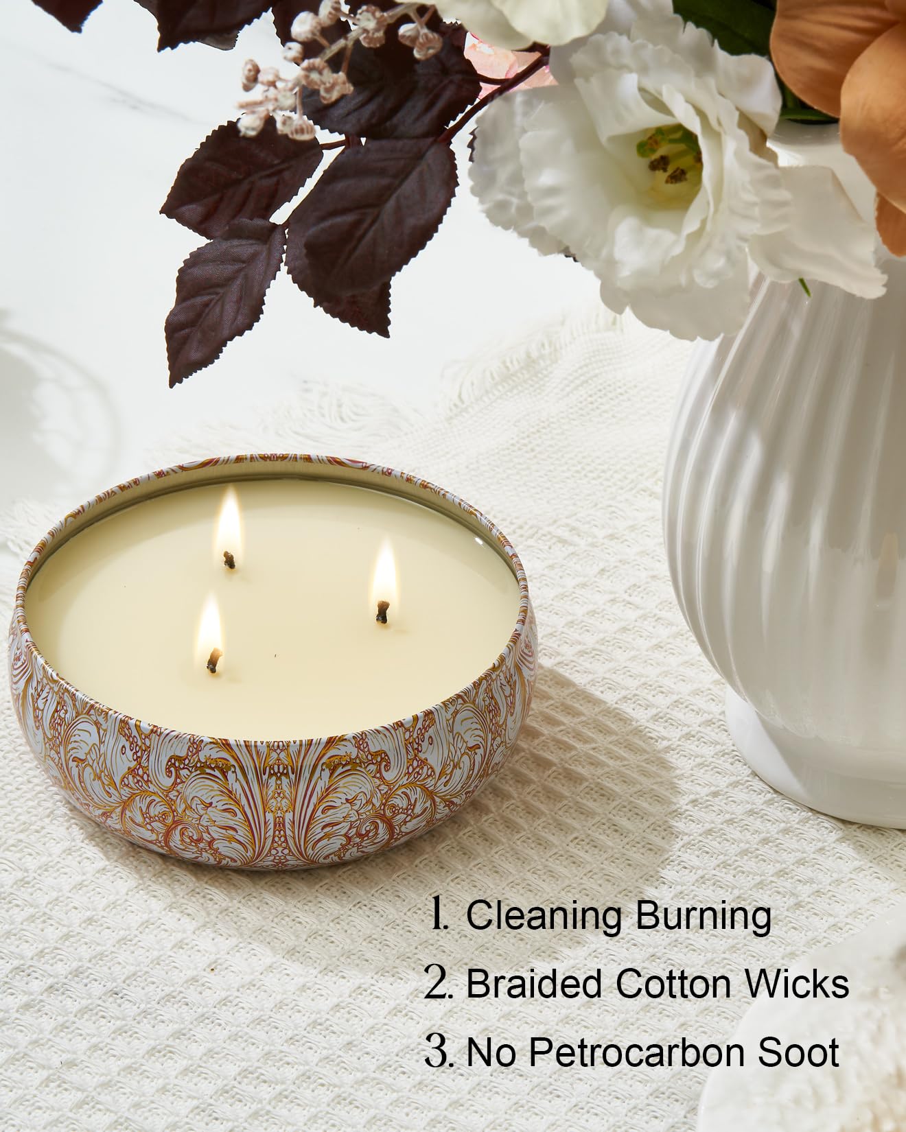 M&SENSE White Tea Scented Candles 12 oz, Large 3 Wick Soy Tin Candle, Over 40 Hour Burning Time, 100% Natural Vegan Wax, Relaxing Aromatherapy Aesthetic Candle Gift for Women Men