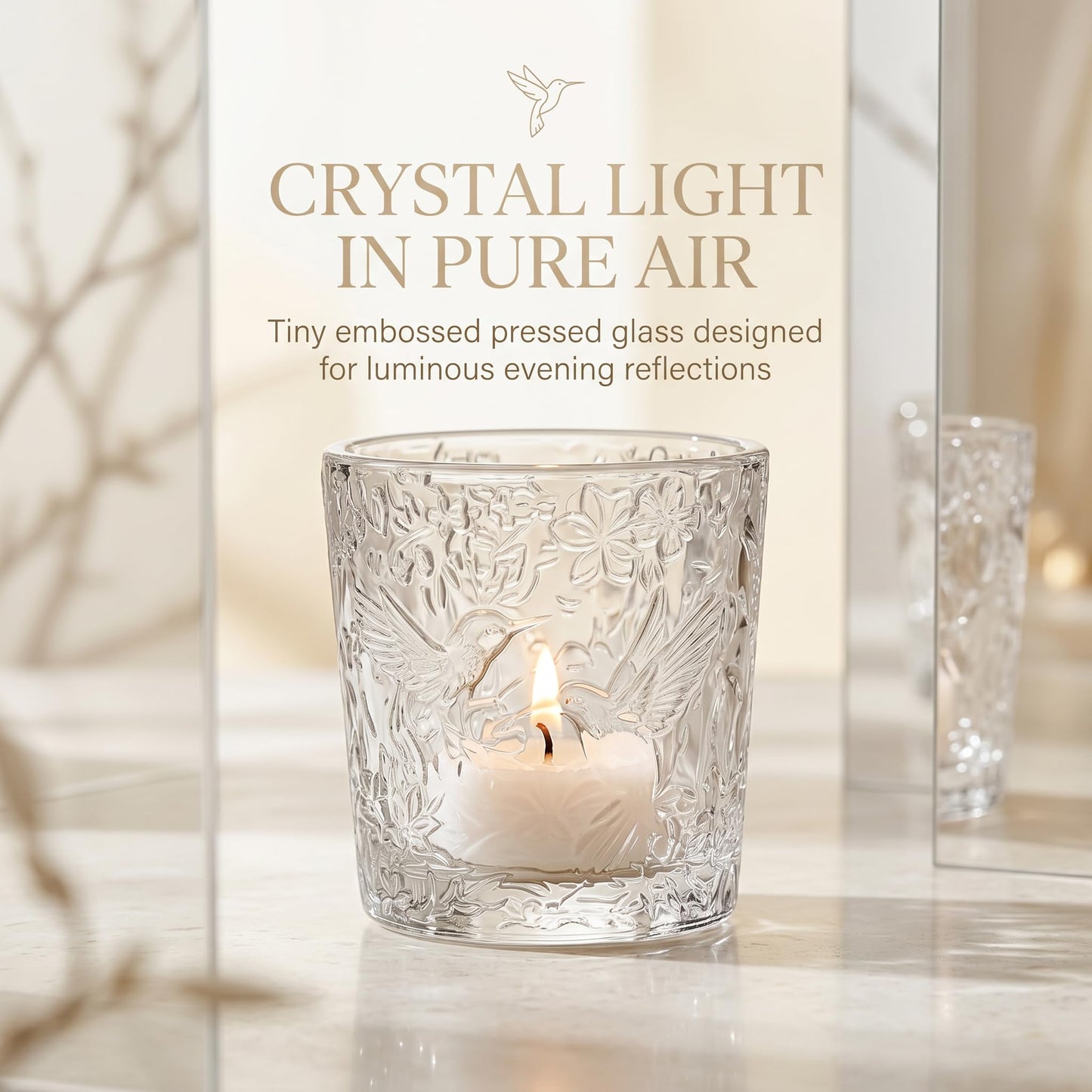 6 Pack Hummingbird Embossed Glass Candle Holders Votive Tealight Holders with Patent Design, Decorative Cups for Wedding Centerpieces, Parties, and Home Decor (Crystal Clear)