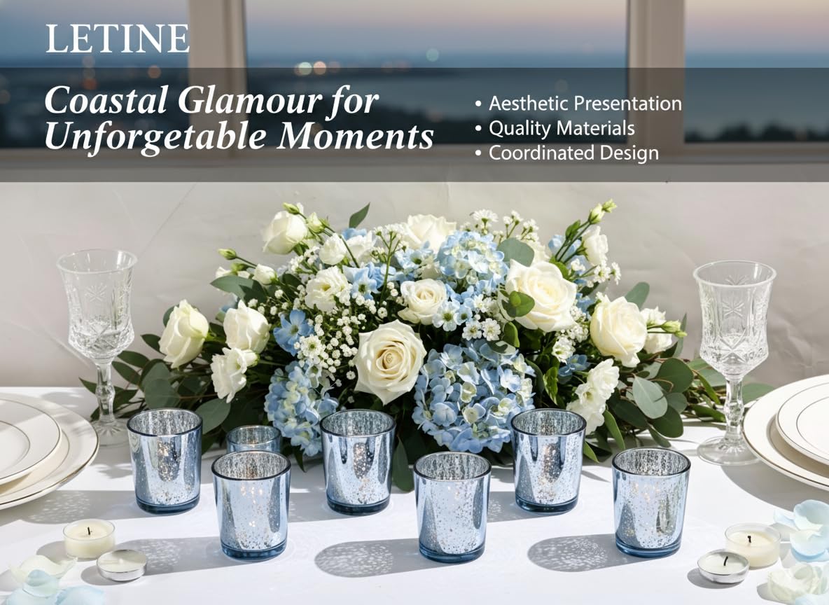 LETINE 6pcs Blue Votive Candle Holders – Standard Votive Size for Regular Votive Candles– Tea Light Candles Holder, Candle Holder for Summer Weddings, Waterfront Venues, Home Decor