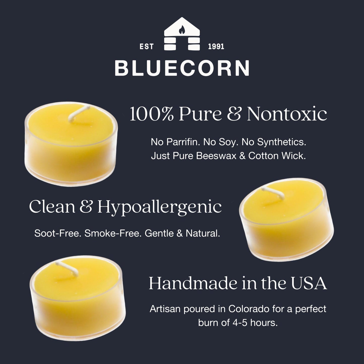 Bluecorn Beeswax Tea Light Candles, 100% Pure Natural Bees Wax, Yellow Tea Lights, Fragrance Free, Paraffin & Soy Free Candle Wax, Clean Burning, Long Lasting (4-5 Hrs), American Made, 48 Pack