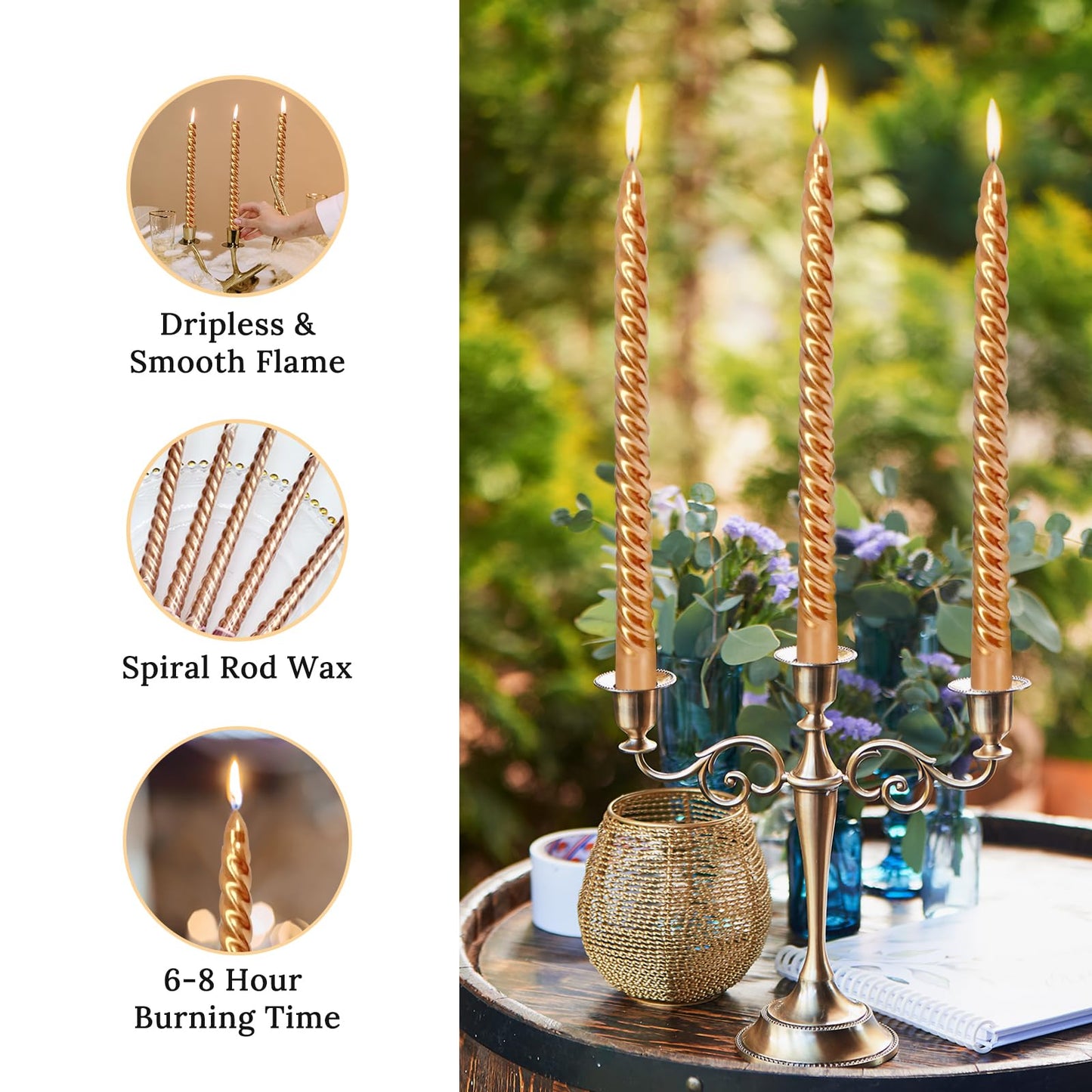 10 Inch Bronze Spiral Taper Candles Set for Holiday Decor, 12 Pack Unscented Twisted Candlesticks, Dripelss Thin Tapered Candles for Wedding Dinner Parties Galas Award Ceremonies Religious