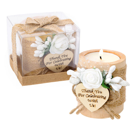 Ju's Favors 10 Piece Set of Wooden Tealight Candle Holders, Wedding Party Guest Favors, Thank You Favors, Guest Return Favors, Bridal Shower, Housewarming Gifts for Guests. (Light Brown+Rose)
