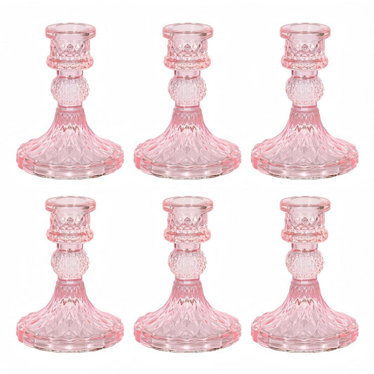 ECHFSM Glass Candlestick Holder,Striped Taper Candle Holders,Set of 6 Candle Stand for Table Centerpieces, Home Decor,Weddings,Festival and Parties (Pink Dimond)