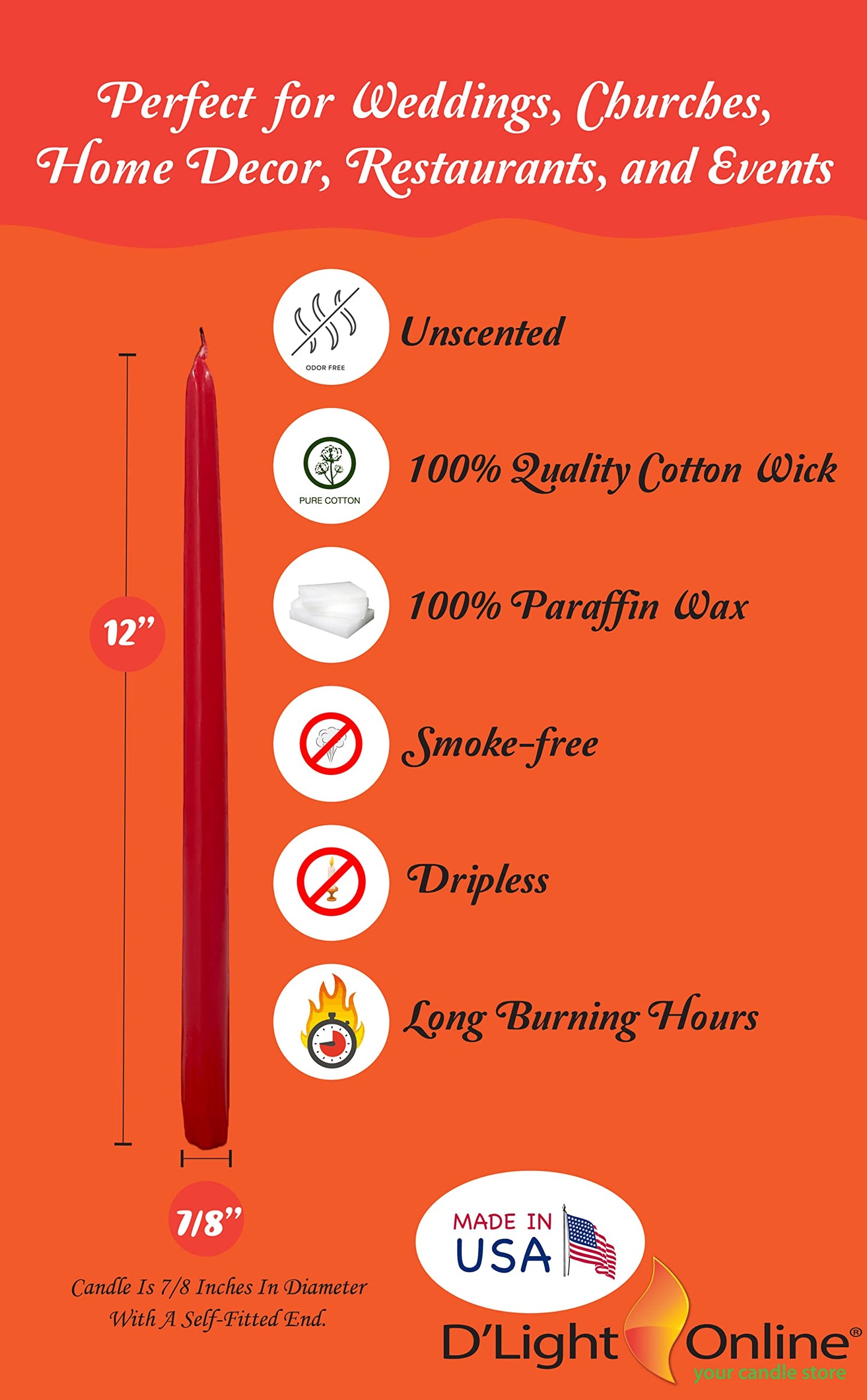 D'light Online Elegant Unscented 12" Red Taper Candles Premium Quality Hand-Dipped Tapered Candles, Dripless and Smokeless - Set of 12 Individually Wrapped (12 Inch, Red)
