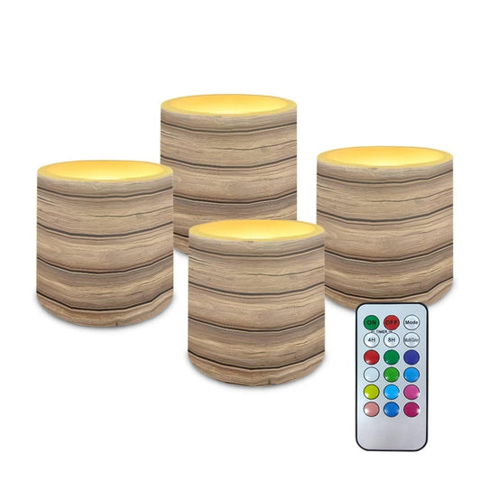 Cozeyat Wood Grain LED Candles Set of 4 Battery Powered Flameless with Remote Timer Dancing Flame Waterproof for Home Garden Table Use
