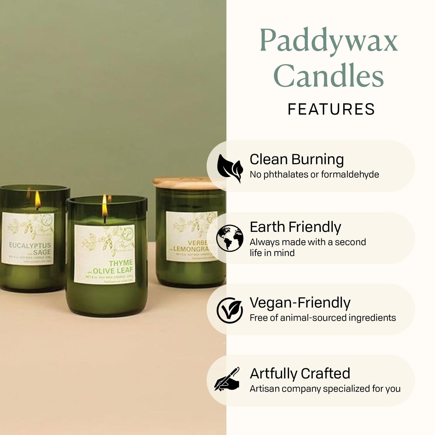 Paddywax Eco Collection Soy Wax Blend Candle in Glass Jar, Bamboo & Green Tea Scent, Green Vessel with Wood Lid, 8 oz