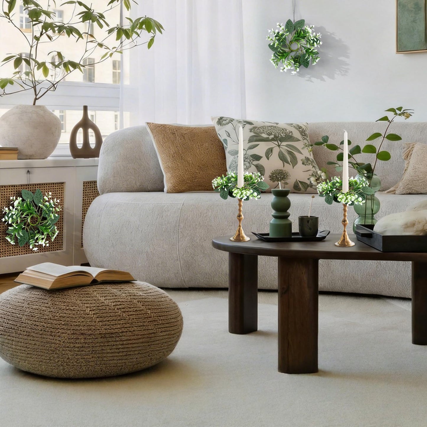 4 PCS Eucalyptus Taper Candle Rings Wreaths 1.38" Mini Spring Summer Floral Taper Candle Holder Wreaths Artificial Greenery Leaves Table Centerpieces Wreath for Farmhouse Home Candlesticks Decor