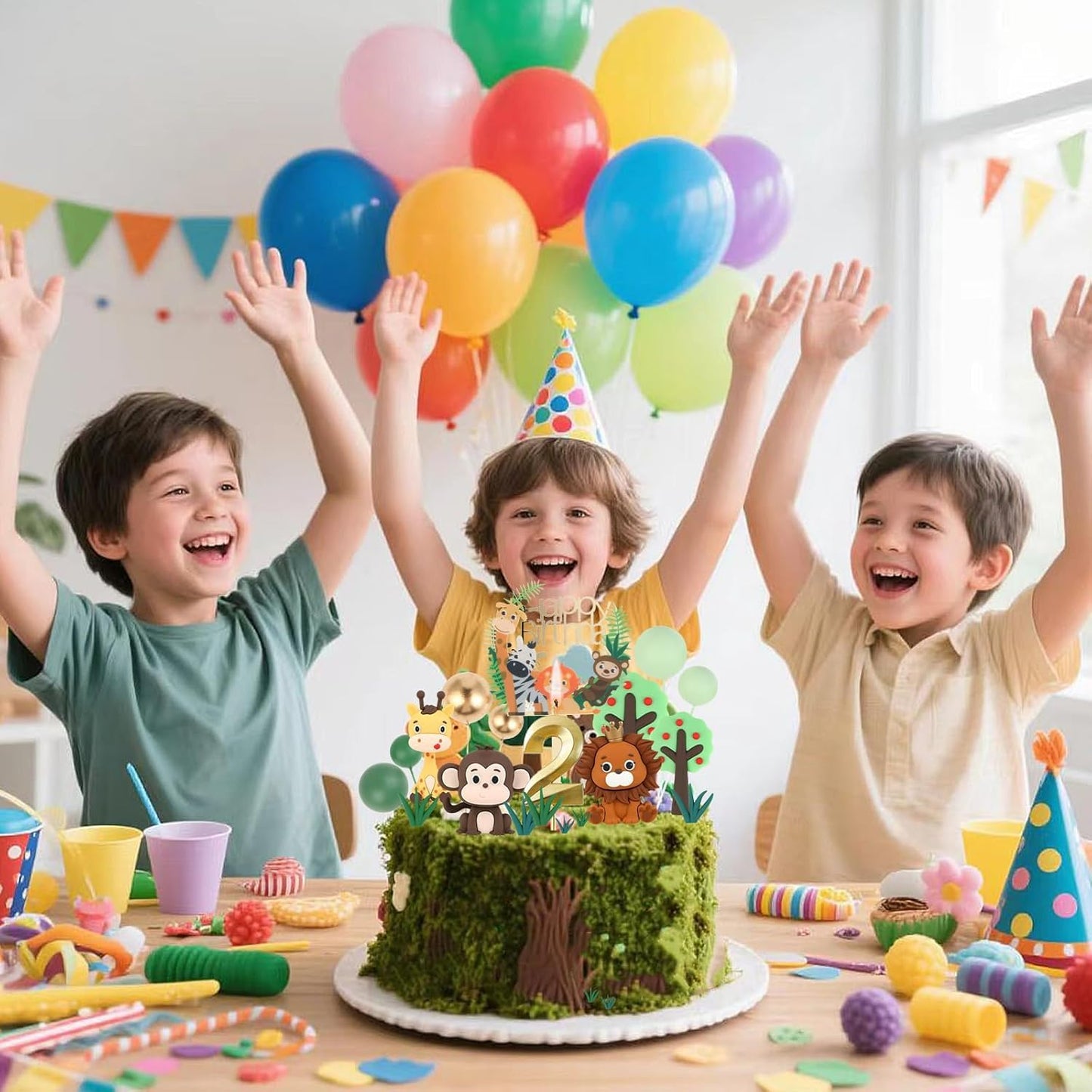 2st Birthday Safari Cake Toppers Set - 3D Lion, Monkey, Giraffe with Number 2 Candle, 8 Grass, Trees & Balls - 21PCS Jungle Animal Cake Decorations Kit for Boys Girls 2 Year Old Party (2st)
