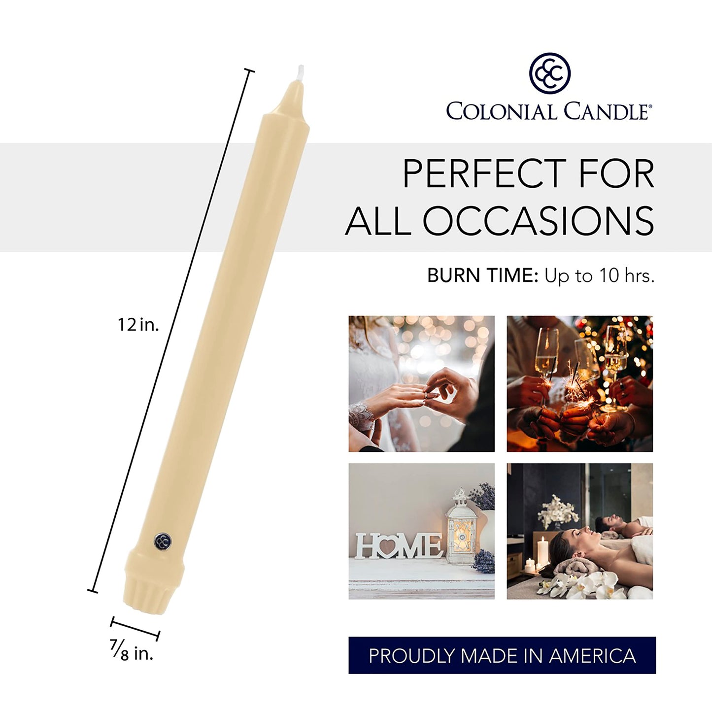Colonial Candle Unscented Taper Candle, Classic Collection, Limoncello, 12 in, Pack of 12 - Up to 10 Hours Burn