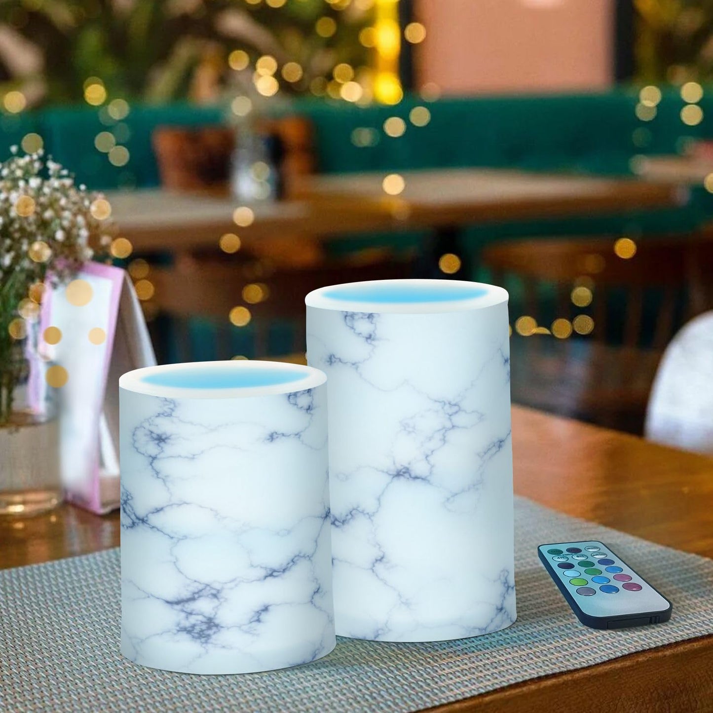 KGLDSNM Navy Marble Pattern LED Flameless Flickering Candle with Remote Timer Battery Operated for Indoor Outdoor Party Holiday Home Decor 2 Pack