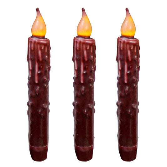 CVHOMEDECO. Real Wax Hand Dipped Battery Operated LED Timer Taper Candles Country Primitive Flameless Lights Décor, 6-3/4 Inch, Burgundy, 3 PCS in a Package