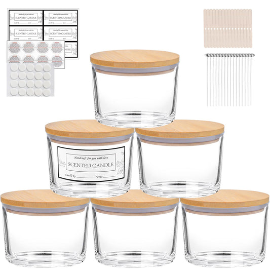 CONNOO 6-Pack 16 oz Candle Jars - 3-Wick Clear Empty Glass Wide Mouth Candle Jars Come with Bamboo Lids, Sticky Warning Labels, and a Candle Wick Kit for Candle Making - Dishwasher Safe