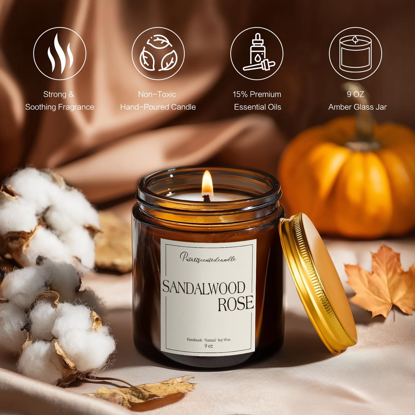 Putart Sandalwood & Rose Scented Candles for Home, Natural Soy Wax Aromatherapy Santal Rose Candle Gifts for Men & Women, Highly Scented & Long Lasting Non Toxic Jar Candle for Stress Relief (9oz)