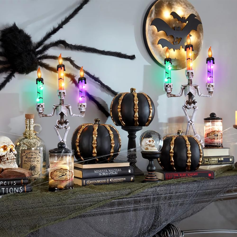 MEETYAMOR 2 Pcs Skull Halloween Candelabra Decorations Indoor, Halloween Candles Holder with LED Lights for Scary Haunted House Mansion Decor, Battery Operated Timer Candlesticks for Table Home Party