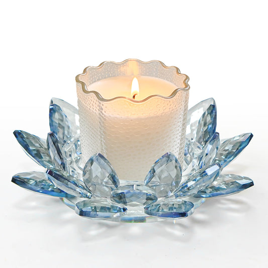 Kolnlala Large Crystal Lotus Tealight Candle Holder for Up to 6" Diameter Pillar Candlestick, Chunky Glass Votive Stand for Wedding, Party, Table Centerpiece Decor and Yoga Meditation (1, Blue)