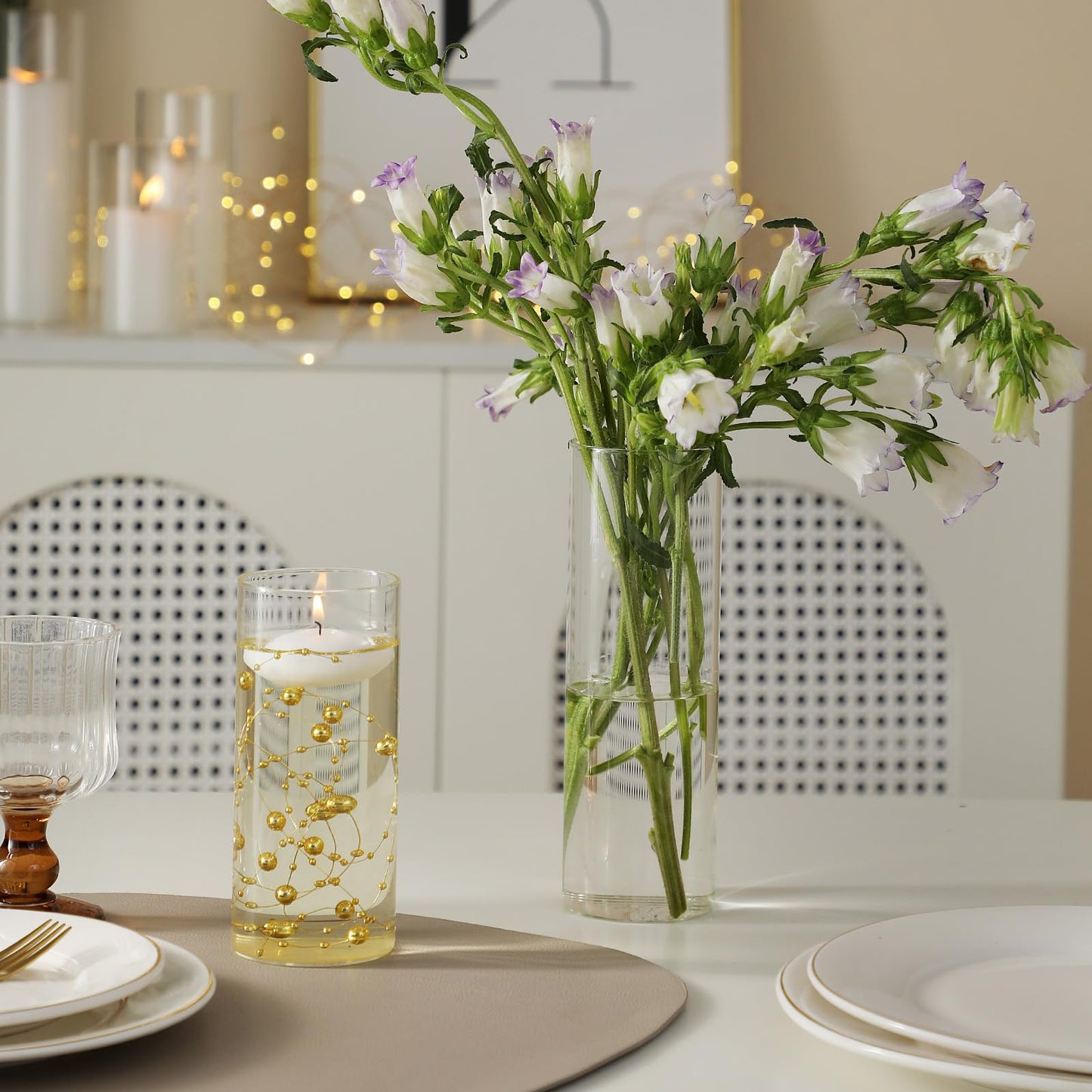 PNJHDZ Set of 12 Glass Cylinder Vases for Centerpieces with 8 Pack Vase Filler 12 Pearl String 24 White Floating Candles for Table Centerpieces for Wedding Party Home Decor 5, 6, 8 Inch